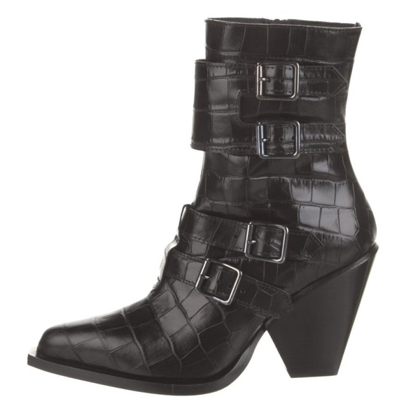 Pinko Lucciola Black Leather Croc Print Moto Boots - Picture 3 of 11